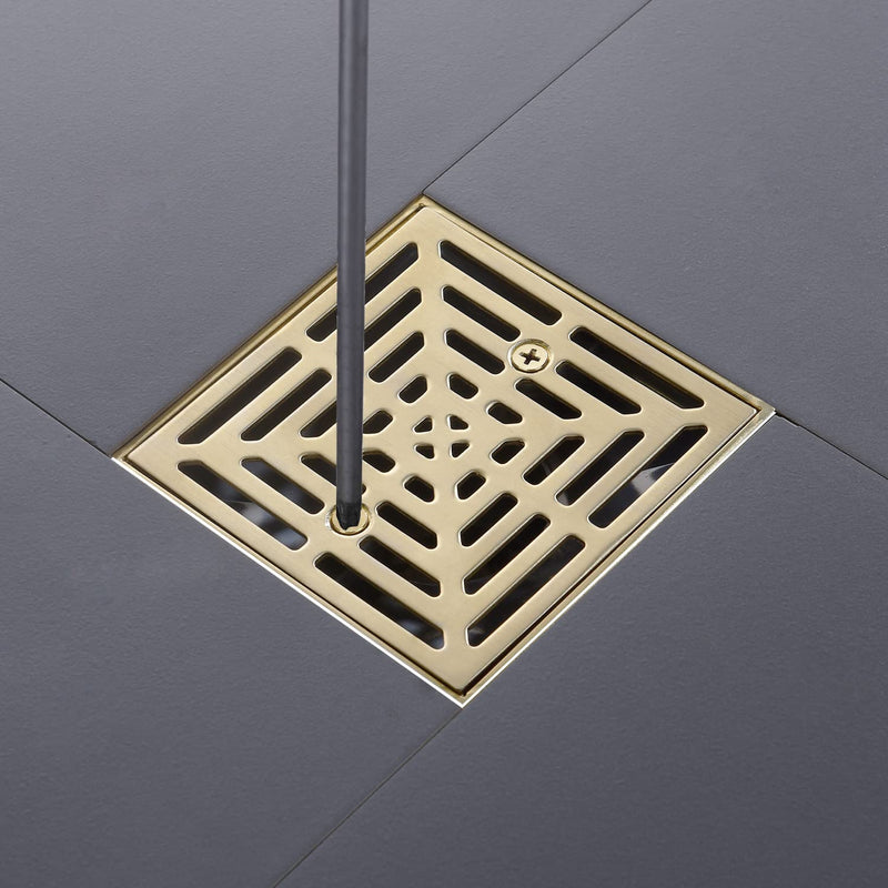 4-1/4 Inch Brushed Gold Shower Drain Square, Base with Adjustable Drain Flange Kit PVC, Removable Grille Strainer Drain Cover with Screws, SUS304 Stainless Steel Brass Face