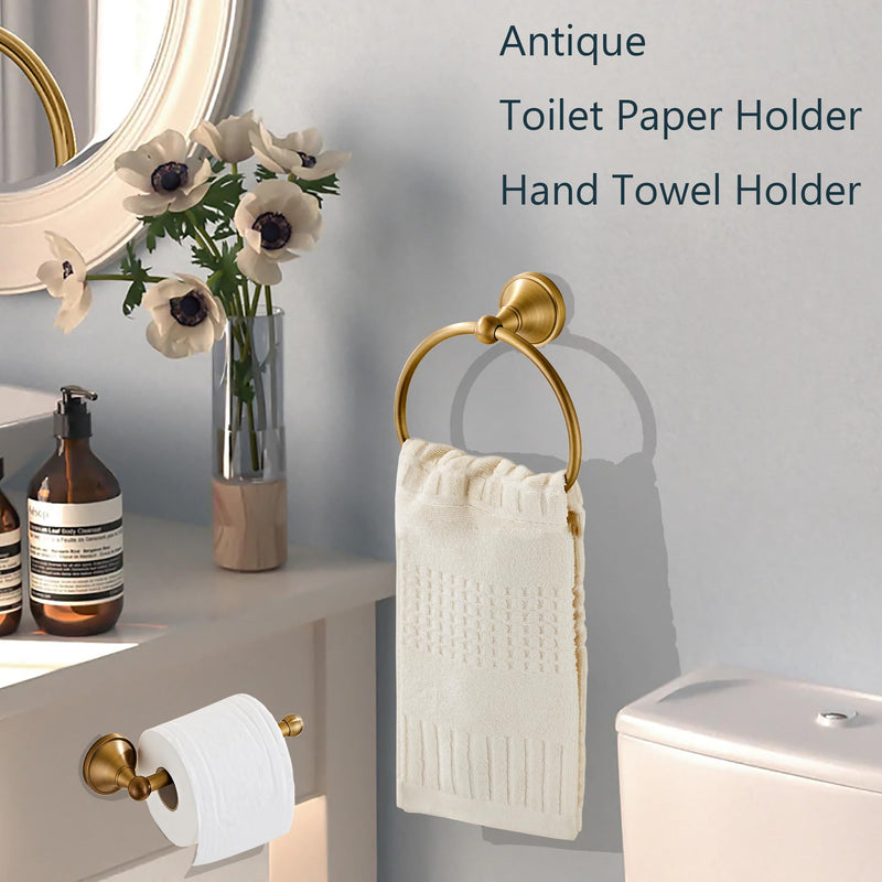 Antique Toilet Paper Holder Towel Ring,Brass Stainless Steel Hand Towel Holder Tissue Roll Holder,Hand Towel Holder Roll Paper Hanger Bathroom Hardware Wall Mounted Vintage 2 Pieces Brass 2