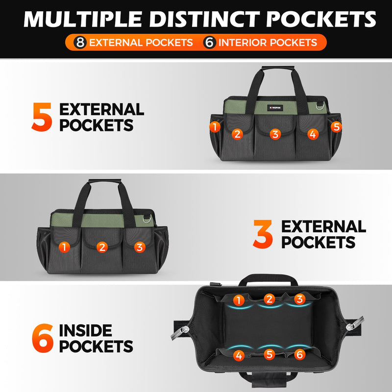 Kingfun 16 Inch Heavy Duty Wide Mouth Tool Bag with 14 Pockets | Adjustable Shoulder Strap & Padded Handle, Durable Tool Storage Bag for Electricians, Mechanics & more (Green) Green