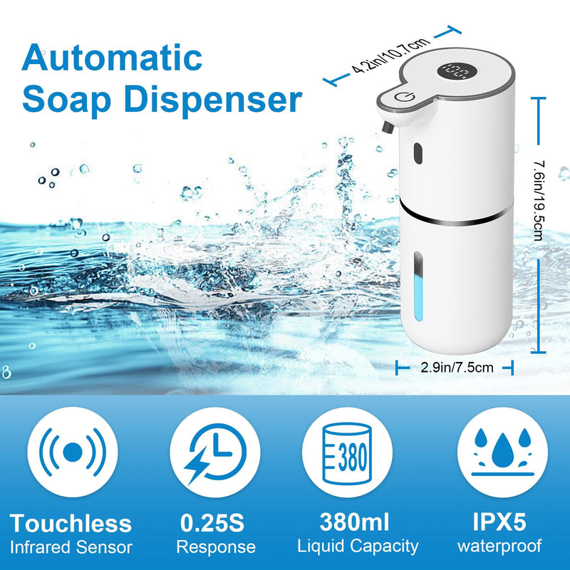 Automatic Liquid Soap Dispenser Touchless, USB Rechargeable Smart Hand Soap Dispenser, 6-Level Adjustable, 12.8oz/380mL Wall Mounted for Bathroom Kitchen Accessories Dish Soap-White White