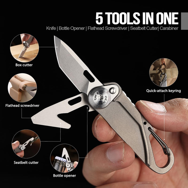 TACRAY Vinto 5-in-1 Titanium Small Pocket Knife – Ultra-Light Mini EDC Multitool Utility Knife with Folding Blade, Seatbelt Cutter, Bottle Opener & Screwdriver, Compact Everyday Carry Grey-Ti