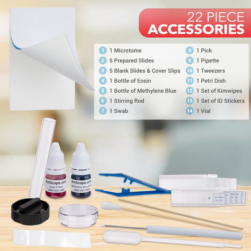 AmScope Microscope Slide Preparation Kit - Includes Blank Microscope Slides, Eosin Red & Methylene Blue Stain Powders, Tweezers, Swab & More - 22-Piece Kit 1 Count (Pack of 1)