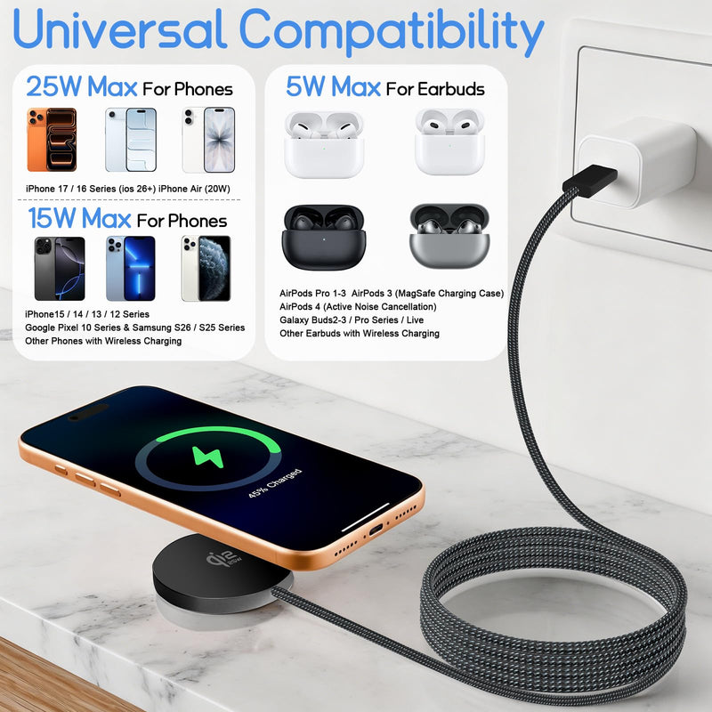 Herfair 25W Wireless Charger Magnetic Fast Charging Pad with 4FT USBC Cable | 25 Watt Magnetic Safety Charger for iPhone 17 17e 16, iPhone Air, Galaxy S26 Ultra/S25/S24/S23/S22/S21/S20 Plus, Pixel 10/10a Black