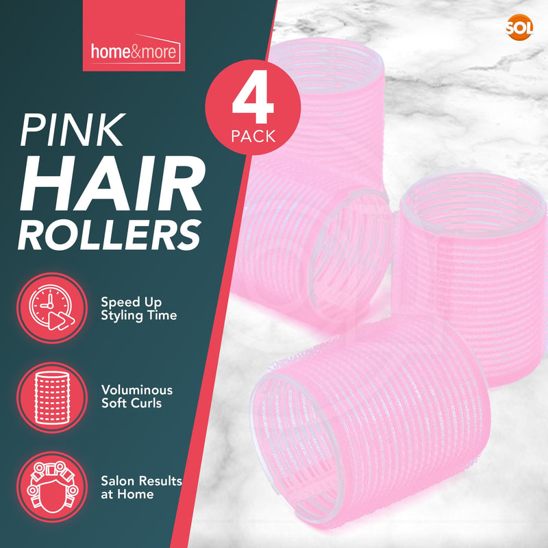 SOL 4pk Pink Self Grip Hair Rollers - Volume Boost Self Holding Rollers | Bouncy waves styling curlers that reduce heat damage, compact travel friendly for long and short hair