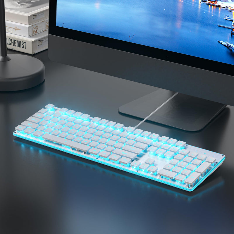 surmen G1000 Backlit White Quiet Office Keyboard Full Size 104 Keys with Metal Panel, Silent Membrane USB Wired Gaming Keyboard for PC, Desktop, Computer(White)