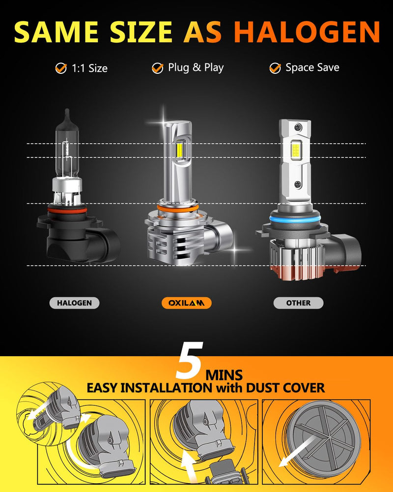 OXILAM 9005 9006 LED Bulbs Combo, 900% Brighter 6500K Cool White Driving Bulbs, 60,000Hrs Lifespan, IP68, 1:1 Size, Anti-Flicker Fog Light, Plug & Play, Pack of 4 9005+9006