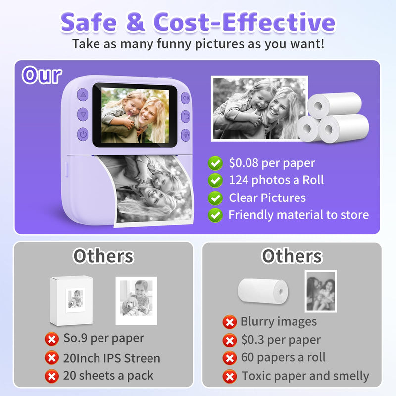 Instant Print Camera for Kids, Christmas Birthday Gifts for Girls Boys, 1080P Instant Digital Print Cameras for Toddler,Portable Toy for 4 5 6 7 8 9 10 Year Old Girl with 32GB SD Card，Purple Purple
