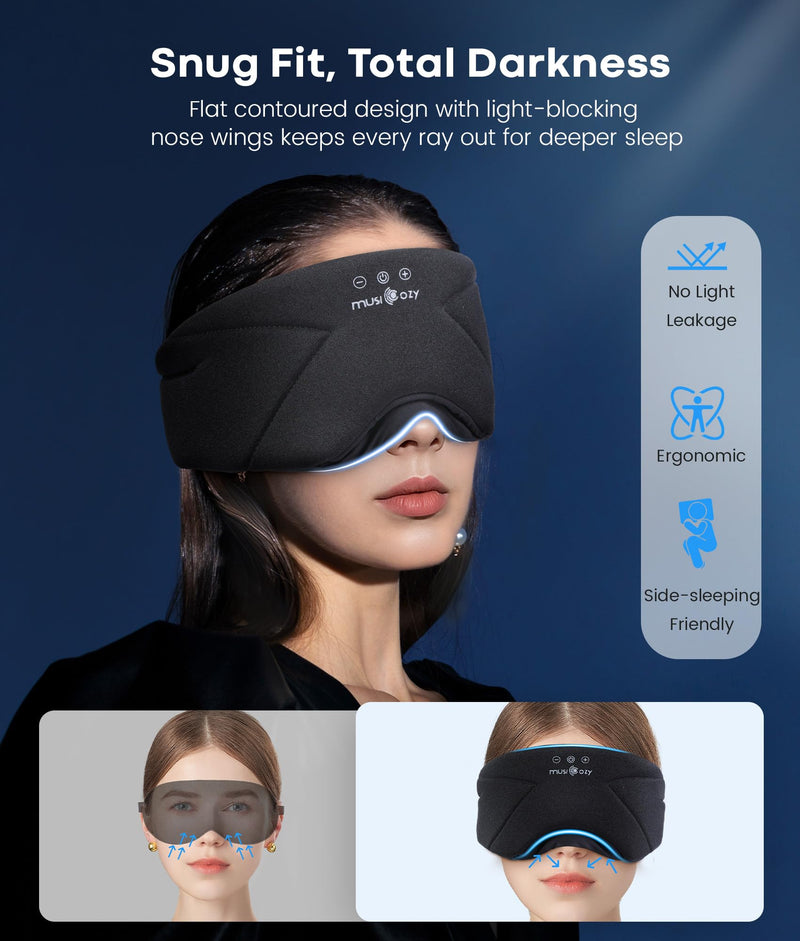 MUSICOZY Bluetooth Sleep Mask Headphones with HD Speakers for Side Sleepers | Ultra-soft Bluetooth 5.4 Wireless Over-Ear Washable with HD Stereo Ideal for Travel Meditation Relaxation Gifts for Men Women Midnight Black