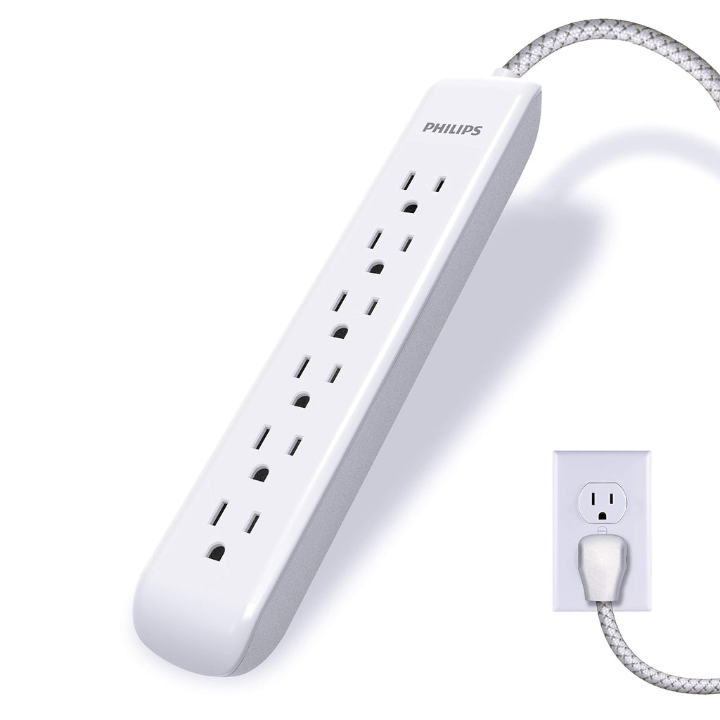 Philips 6 Outlet Surge Protector Power Strip, Designer Braided Power Cord, 4 Ft Power Cord, Flat Plug Extension Cord, Perfect for Office or Home Décor, 720 Joules, ETL Listed, White, SPC3064WE/37