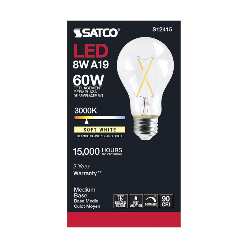 Satco 8 Watt LED A19 Clear Light Bulbs - Medium Base - 3000K Soft White - 120 Volt (6 Pack)