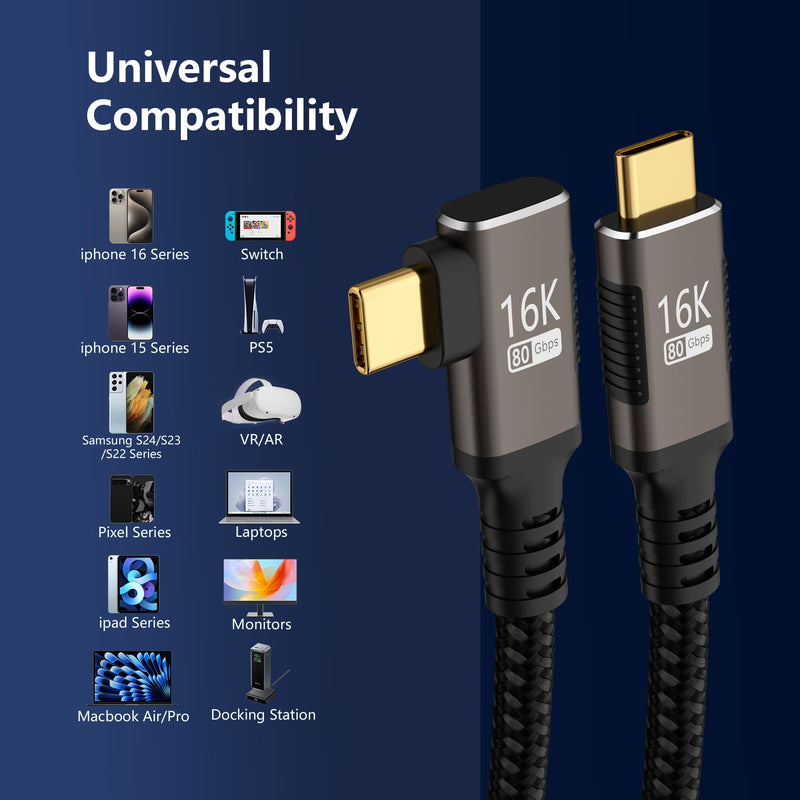 right angle USB-C Cable 3.3FT Compatible With Thunderbolt 5/4,Type C 240W Fast Charging,USB C 16K@60Hz/8K@120Hz HD Video Output for Display,USB 5/4 90 degree Cable 80Gbps Data Transfer for SSD/Dock. 3FT