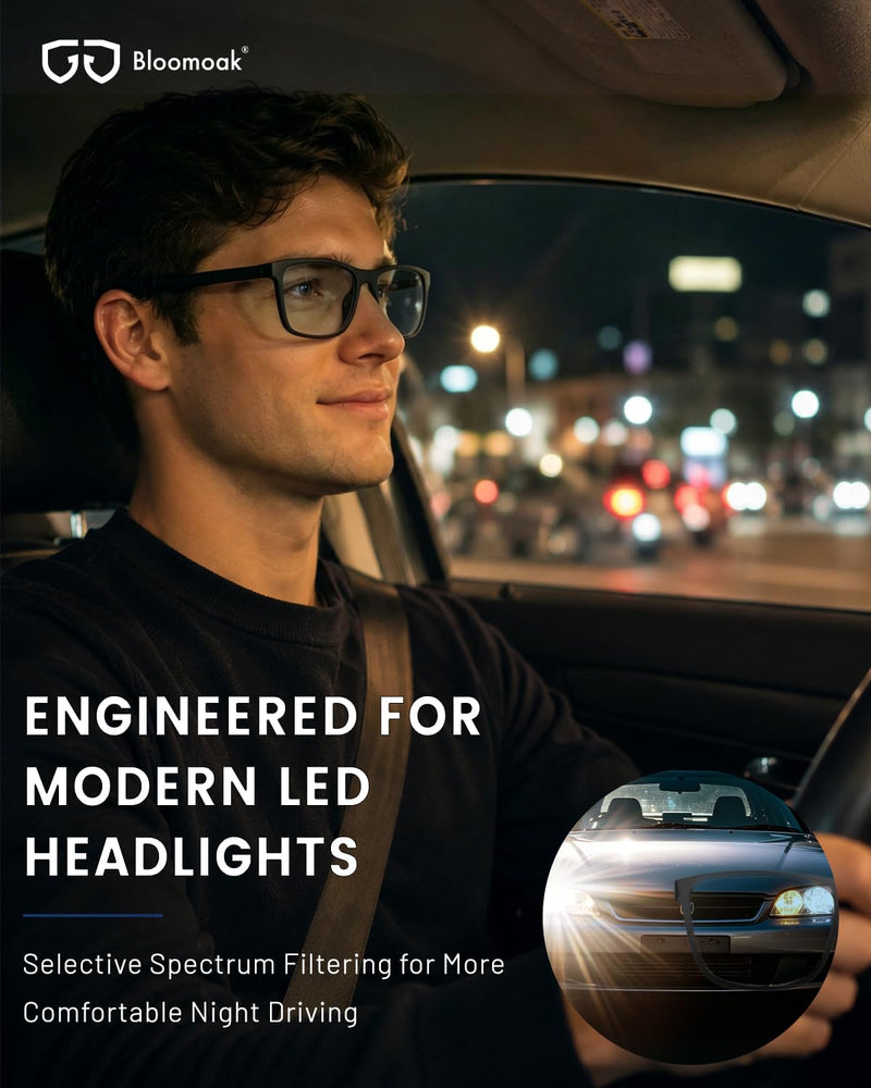 Bloomoak LED Night Driving Glasses, Anti Glare Driving Glasses for Headlight Halos, AR Coated Light Blue Lenses Reduce Glare & Eye Fatigue for Clearer Road Detail