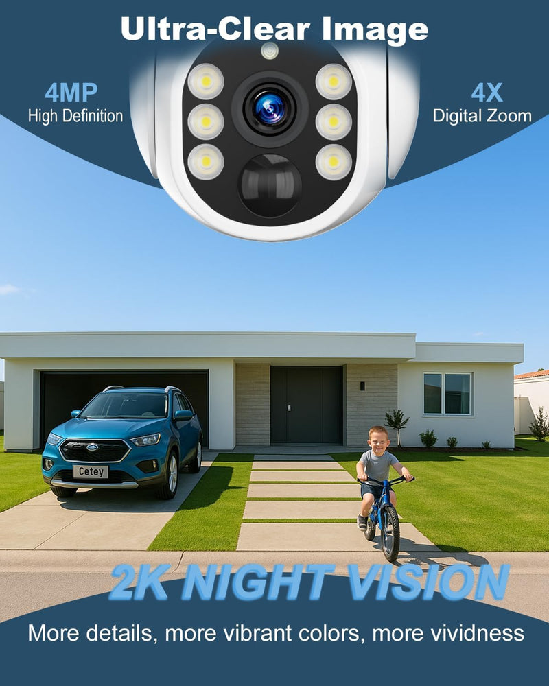4G LTE Cellular Security Camera Wireless Outdoor, No WiFi Solar Powered Camera for Farms, Ranches, Estates Surveillance, 2K Color Night Vision, 360°PTZ, 2-Way Audio, PIR Motion Sensor White