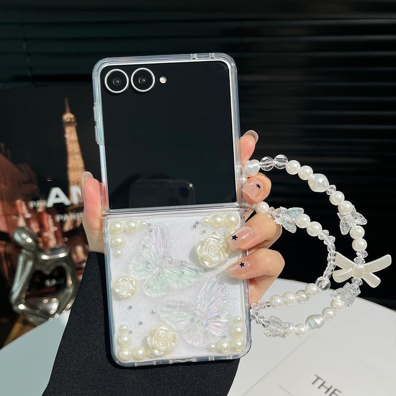 AuroiCYY For Samsung Galaxy Z Flip 8 Case with Chain, Cute 3D Pearl Bling Crystal Clear Sparkle Butterfly Floral Case for Women Girls Shockproof Soft Phone Cover with Wrist Strap for Z Flip8 5G, Clear