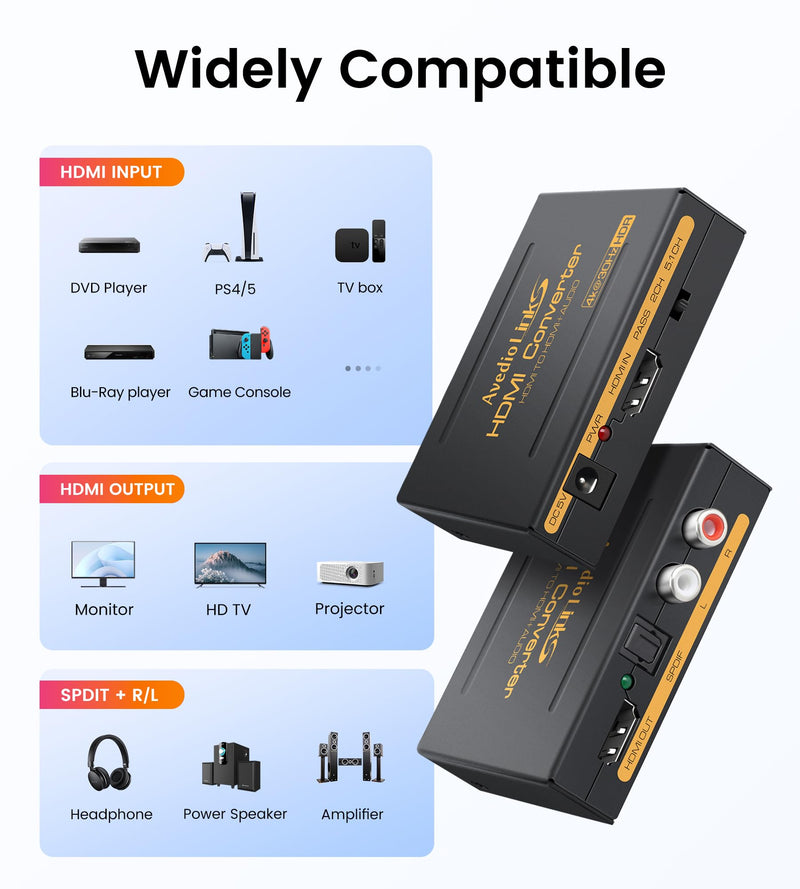 avedio links 4K HDMI Audio Extractor Splitter, 1080P@120Hz HDMI Audio Converter Adapter + Optical SPDIF + L/R Stereo HDMI2.0 HDCP2.2 Dolby Digital/DTS for Fire Stick, Blu-Ray Player 4K 30Hz Black