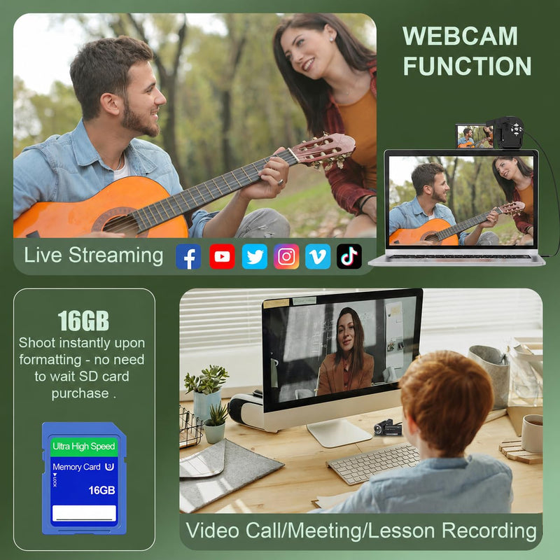 2.7K Video Camera QHD 56MP Camcorder 16X Digital Zoom | Vlogging Cameras for YouTube 270 Degree Rotation Screen Camcorders Webcam with 16G SD Card and 2 Batteries Black