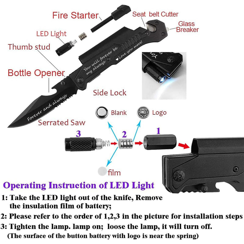Husband Boyfriend Birthday Present, Pocket Knife with Box with 6 Functions, LED Light,Fire Starter,Bottle Opener,Seat Belt Cutter,Glass Breaker, Gift for Men, Anniversary, Father's Day Love-with box