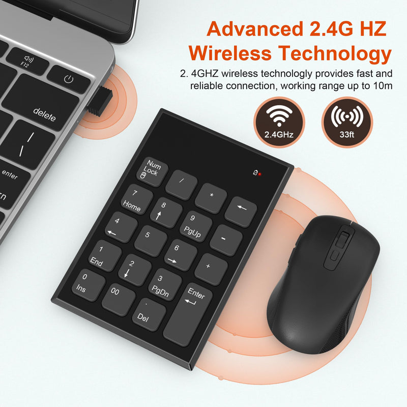 Wireless Number Pad and Mouse, 19 Keys Portable Ultra Slim 2.4GHz 10 Key USB Keypad and 3 Adjustable DPI Silent Mouse Set for Laptop, Notebook, Desktop, PC Computer - Use One USB Receiver