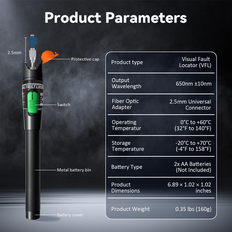Visual Fault Locator 30KM - VFL Fiber Optic Tester Kit with FC/LC/SC/ST Compatibility - Single Mode 9/125μm Fiber Visual Fault Locator for Telecom Maintenance and Data Centers 30 VFL + FC/LC Connector