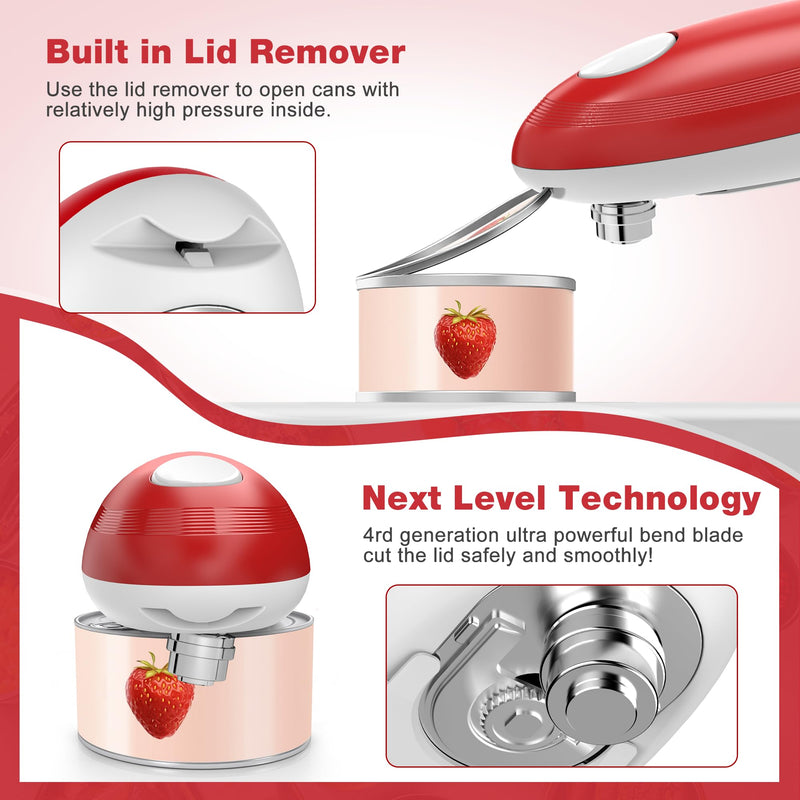 Electric Can Opener, Food Safe Automatic Can Opener with Smooth Edge, Open Your Cans with A Simple Press of Button, Can Opener Electric Kitchen Gifts for Seniors and Arthritis (Red) Red