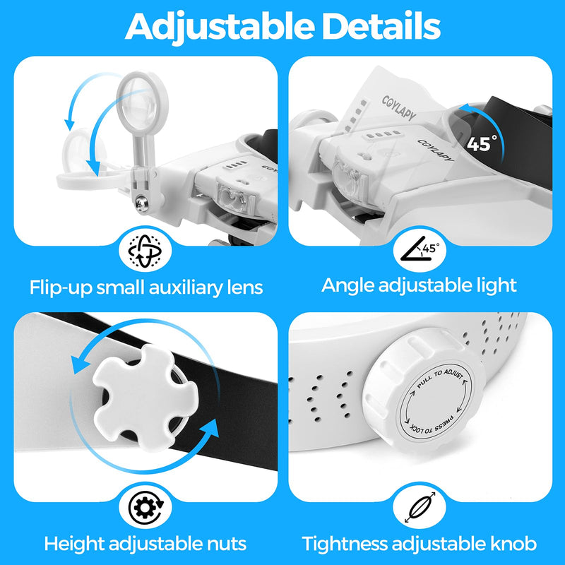 Magnifying Glasses with Light, Headband Magnifying Glasses for Close Work, 1x - 14x Hands-free Magnification Headset with 5 Lenses & Two Led Lamps, Jewelers Loupe Visor Head Magnifier for Hobby, Craft White