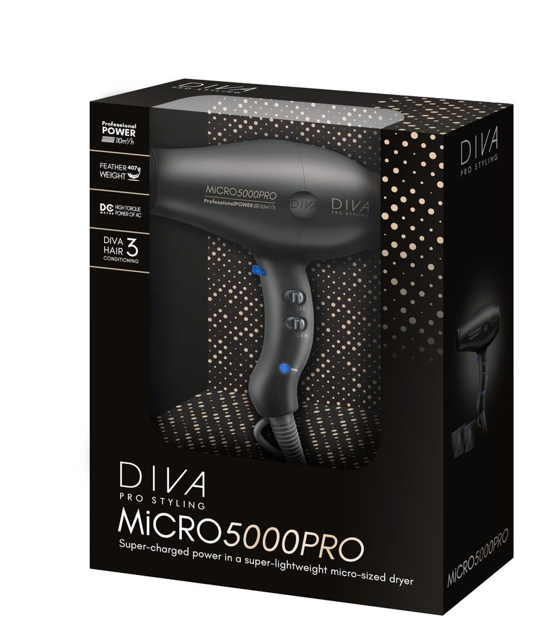 Diva Pro Styling Micro 5000 Pro Dryer - Black. Improved Power, Lightweight Micro-Size. with Macadamia Oil, Argan Oil, and Keratin for Ultra-Shiny and Smooth Hair