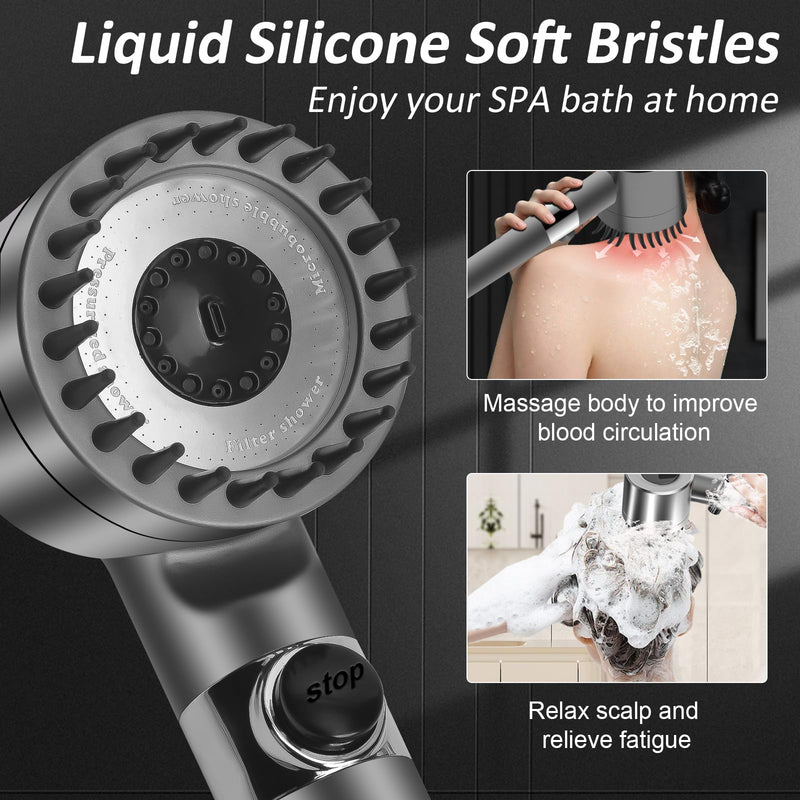 High Pressure Shower Heads with Scalp Massager Shampoo Brush for Skin & Hair Care, Filtered Shower Head with Handheld Sprayer Soften Hard Water, 3 Settings 4 in 1 Detachable Showerhead Set Gray