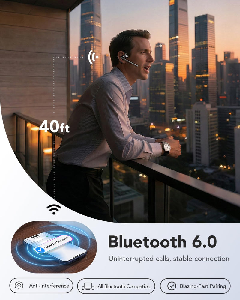 Bluetooth 6.0 Open-Ear Headset with Noise-Canceling Microphone | 96-Hour Talk Time, 950mAh Charging Case and Mute Button for Truckers, Work, iOS, Android and Laptops Black