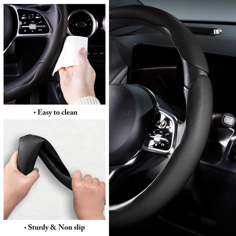 Car Steering Wheel Cover Leather Snap On 3Pcs Set Non-Slip Protector Wrap Steering Wheel Accessories 14.5-15 inch Universal Black Black A