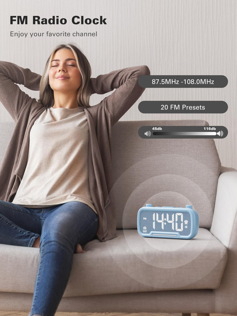 Mesqool Digital Alarm Clock with 2 USB Chargers,Bluetooth Speaker, FM Radio,Night Light,5-Level Dimmer,Adjustable Volume,12/24H,Snooze,Battery Backup,Loud Clock Radio for Heavy Sleepers Adults Blue