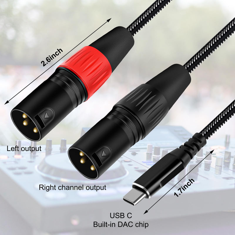 USB C to Dual XLR Male Audio Cable, 6.6FT USB C to 2 Male XLR Stereo Power Amplifier Cable for Mobile Phone USB C Connection Active Speaker, Black Braided USB C to Dual XLR Male