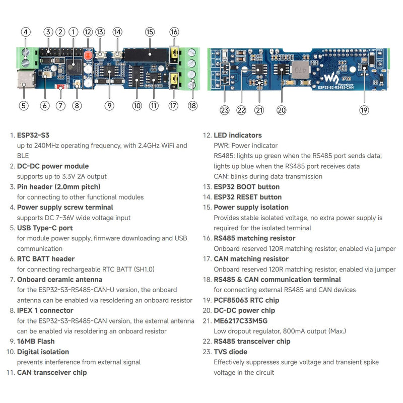 Waveshare Industrial ESP32-S3 Control Board with RS485 and CAN Interfaces | Supports Wi-Fi / BLE, Built-in Multiple Protection Circuits,power and optocoupler isolation, Safe & Stable & Reliable