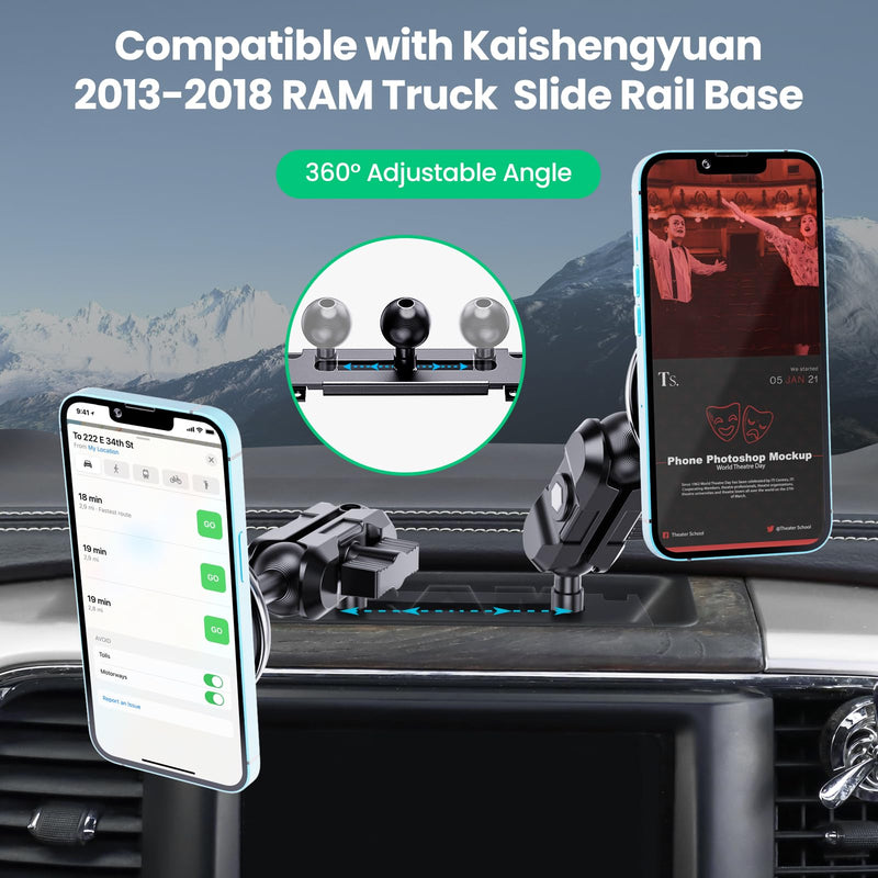 Dash Mount Wireless Charger Magnetic Holder with Metal Double Socket Arm | Fits 2013-2026 Kaishengyuan Metal Base | 20 Magnets | Double Socket Arm | 360 Rotation | 0.98in Ballhead | Magsafe Smartphone