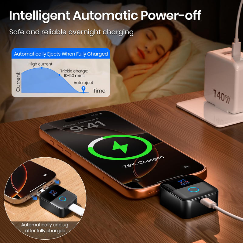 140W AI Smart Auto Stop Charging Adapter with LED Display | Type C Auto Cut-Off Charger Protector, Prevent Battery Aging and Extend Equipment Lifespan for Phone Laptop（Black） Black