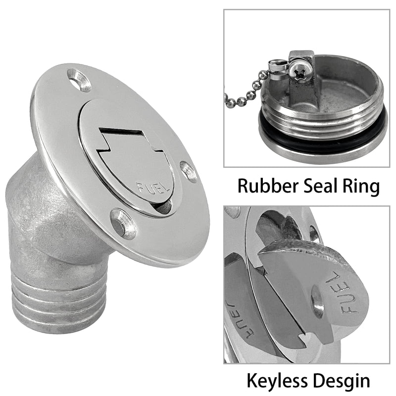 ISURE MARINE 1-1/2"(38mm) Boat Fuel Deck Fill/Filler with Keyless Cap with Screws, Marine Mirror Polished 316 Stainless Steel Hardware Angled Neck for Boat Yacht Caravan