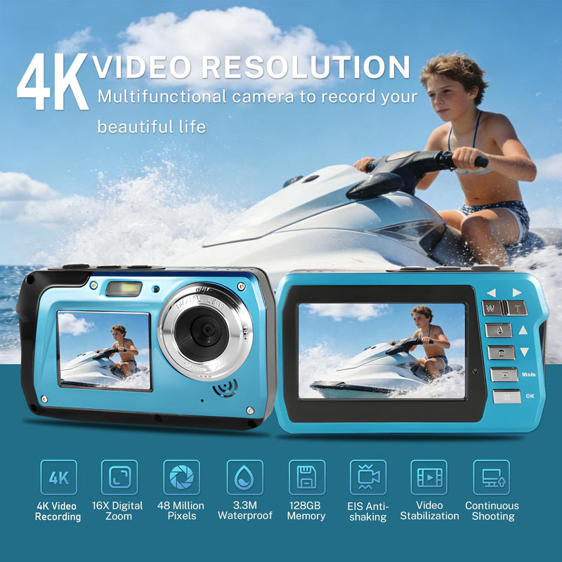 Underwater Camera 4K 48MP, Dual-Screen Waterproof Digital Camera, 10.83FT Dive for Swimming Travel, 16X Zoom Fill Light, 32GB Card, Blue