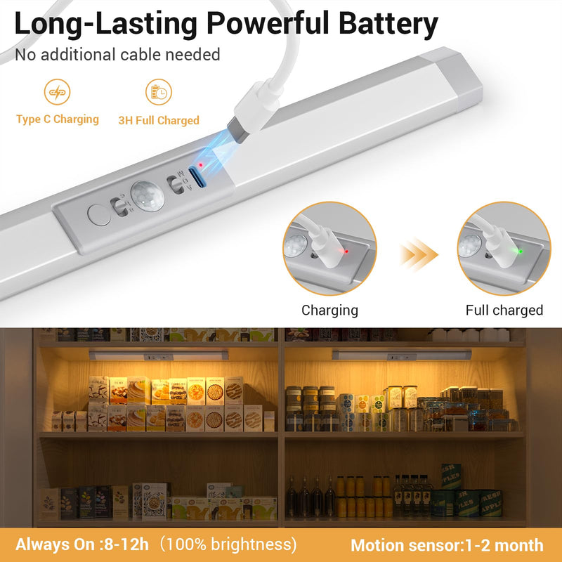 WOBANE Closet Lights Motion Sensored with Eye-Protection,Rechargeable LED Wardrobe Lighting with 3 Color,12 inch Dimmable Wireless Battery Operated Light Indoor for Stair,Pantry,Hallway,900mAh,3PCS 3 Pack