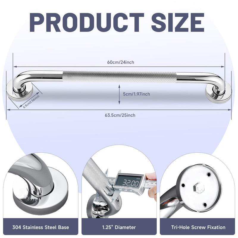 24 Inch Shower Grab Bar, Chrome Anti Slip Safety Bars, 304 Stainless Steel Bathroom Handrail, Handicap Grab Bars for Wall, Shower Grip Handle for Seniors Elderly Injury Assist Bath (1.25" Dia) 24 Inch