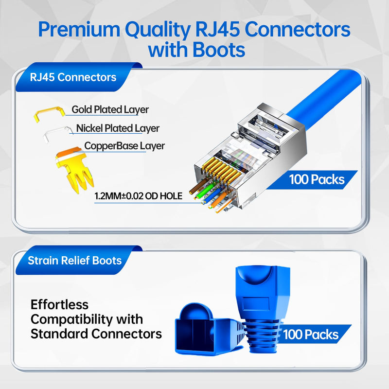 100-Pack RJ45 Pass Through Connectors with Boots,Ethernet Connector Gold Plated RJ45 Shielded Connectors for Solid or Stranded FTP/STP Cable 100+100 Pack