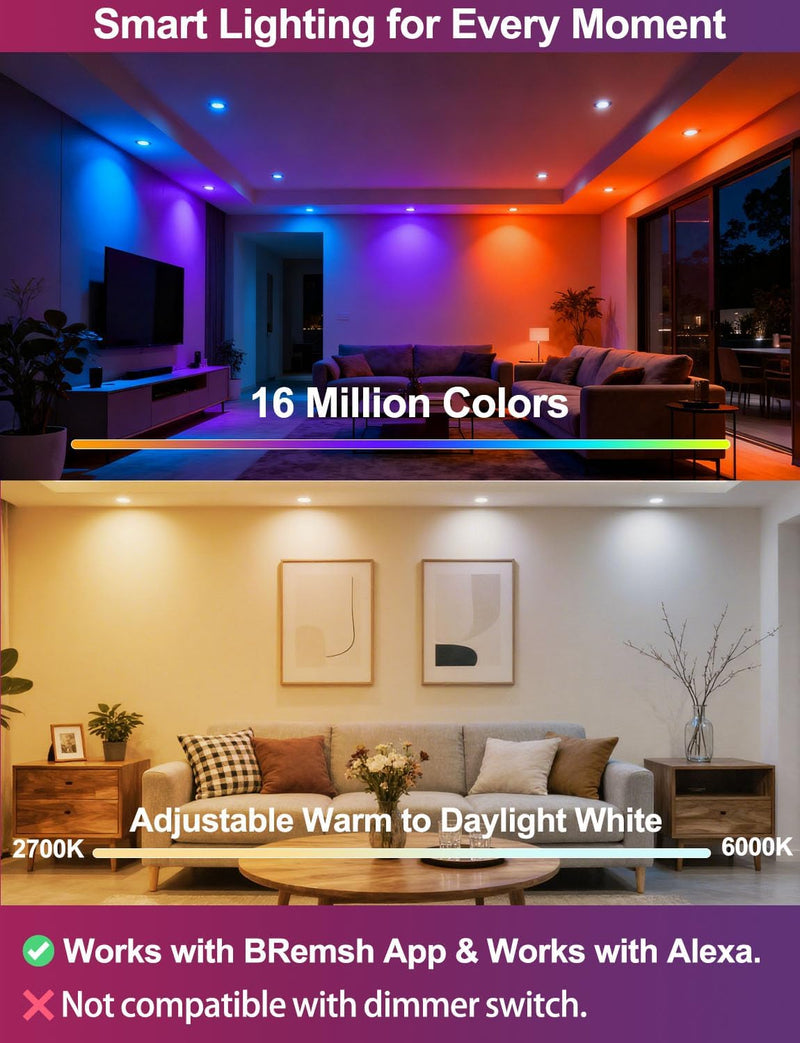 iLC 4 inch LED Recessed Lighting Color Changing, Work with Alexa (Alexa speaker Required), APP Controlled, RGB Canless Recessed Lights, 16 Million Colors, 2700K-6000K,10W,900LM, Bluetooth Mesh,6 Packs 4inch 6.0