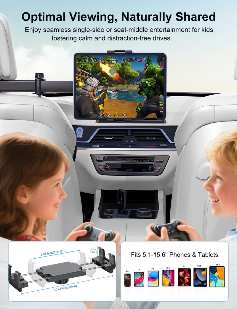 PLDHPRO Tablet Holder for Car Headrest, Backseat iPad Mount with Foldable Extension Arm, Road Trip Accessories for Kids, Fits 5.5-14.6" Tablets & Phones, iPad Pro Air Mini, Galaxy Tab, Fire HD
