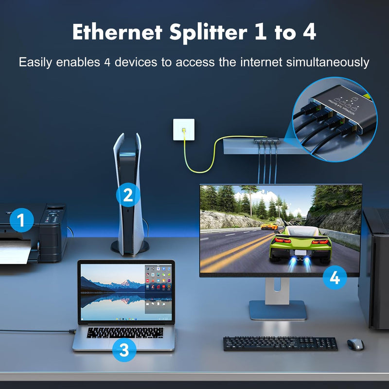 Ethernet Splitter 1 to 4, 1000Mbps High-Speed Internet Splitter, Gigabit RJ45 Port Router Switch, LAN-Splitter, Supporting Simultaneous Networking of 4 Devices, Applicable to Cat5/5e/6/7/8 Cable Ethernet Splitter 1 to 4
