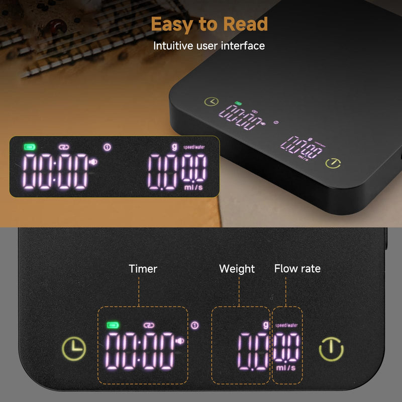 Mini Coffee Scale with Wirelss Magnetic Display, 3kg/0.1g Espresso Scale with Flow Rate Display, Portable Digital Coffee Scale with Multiple Mode Timer for Espresso, Pour-Over Scale with Wireless Display