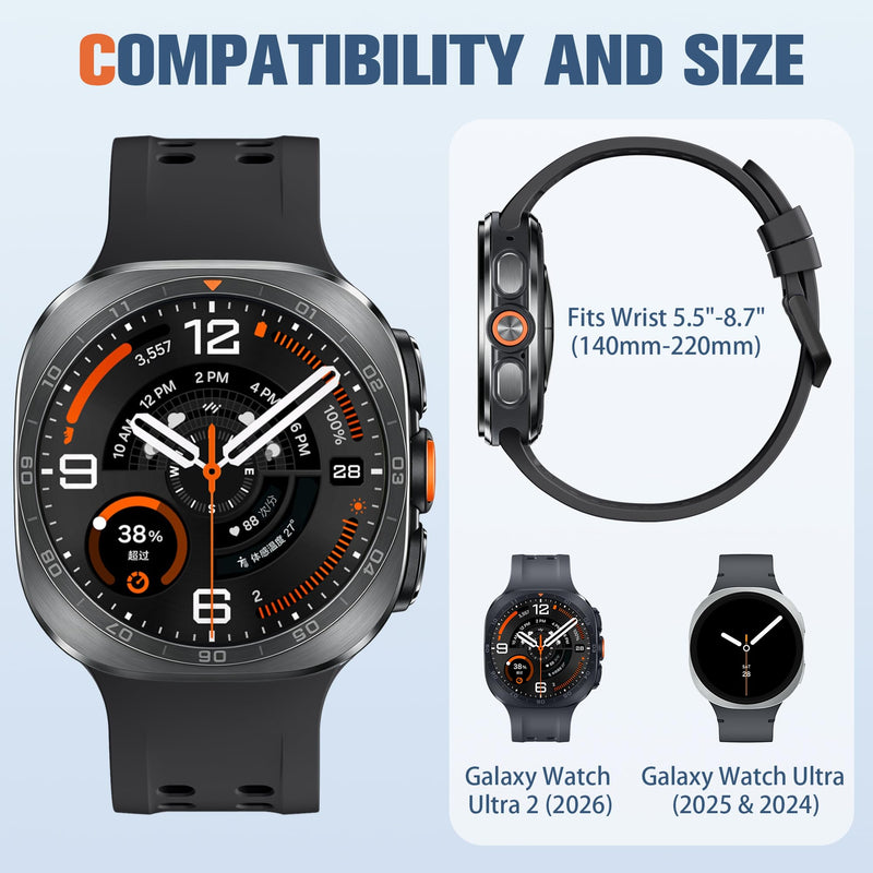 Adorve Marine Band for Samsung Galaxy Watch Ultra 2 / Ultra Bands Men Women | Breathable Soft Silicone Rugged Ocean Wateterproof Sport Wristband for Galaxy Watch Ultra/Ultra 2 47mm (2026/2025/2024),Black Black