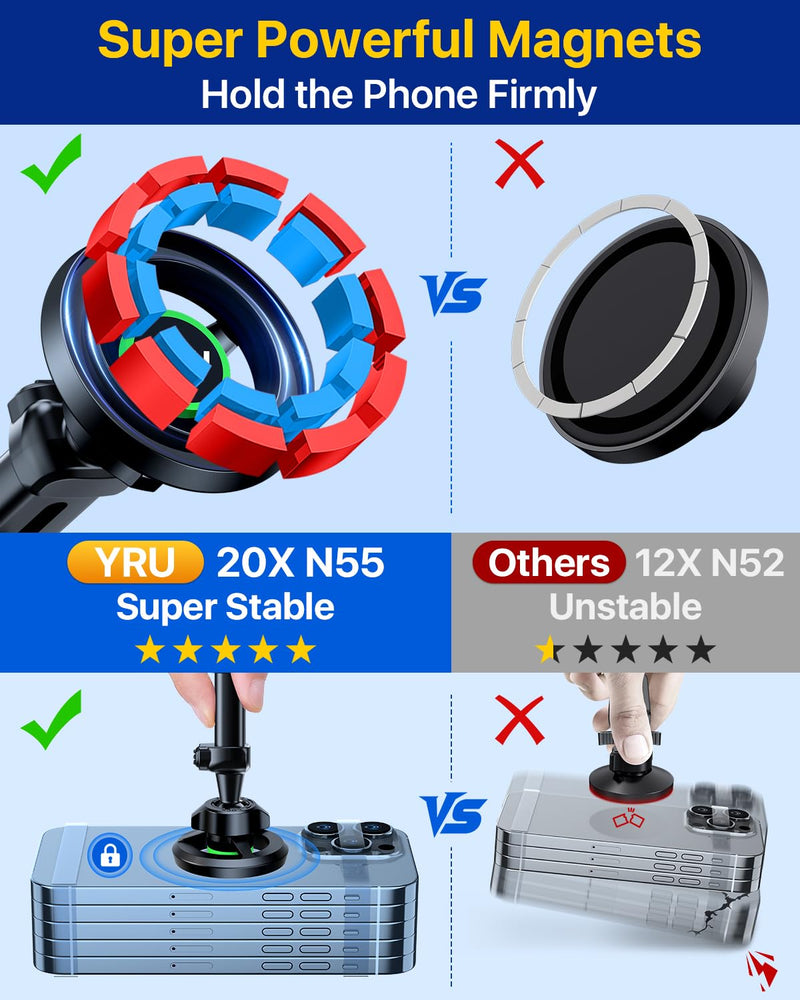YRU [2025 Military-Grade] for Magsafe Car Mount [90+LBS Strong Suction] 360° Adjustable Magnetic Phone Holder for Car Dashboard Windshield Vent, Cradle for iPhone 17 16 15 14 13 12 Samsung, Black