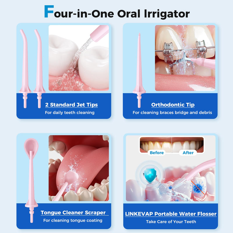 LINKEVAP Water Flosser for Teeth Pick,360ML Rechargeable Travel Oral Irrigator Cleaner,IPX7 Waterproof Daily Dental Care Machine for Home (Pink) Pink