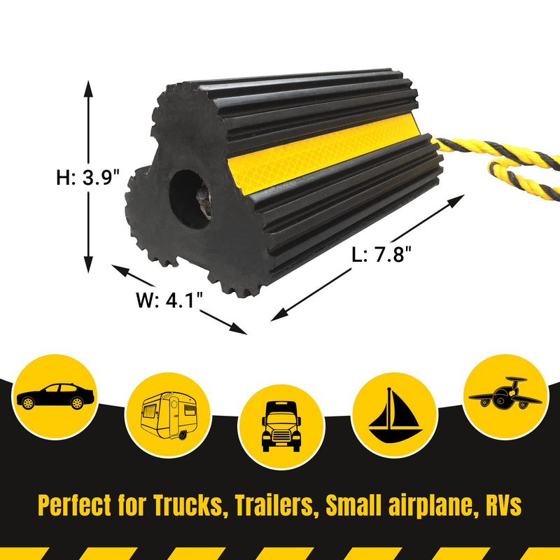 2 Pair Rubber Heavy Duty Dual Wheel Chocks Front and Back, RV Leveling Blocks Non Slip Base with Nylon Rope Yellow Reflective Tape for Travel Trailers, Car, Camper, Truck (4 Pack) 2 PAIR