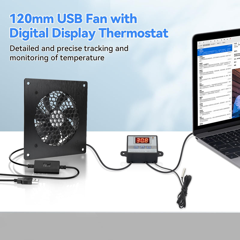ELUTENG 120mm USB Cabinet Fan | Intelligent Temperature Control, 3 Speed Settings (1000/1200/1500 RPM), Aluminum Alloy Panel, Dual Ball Bearings 120MM Fan with Digital Display