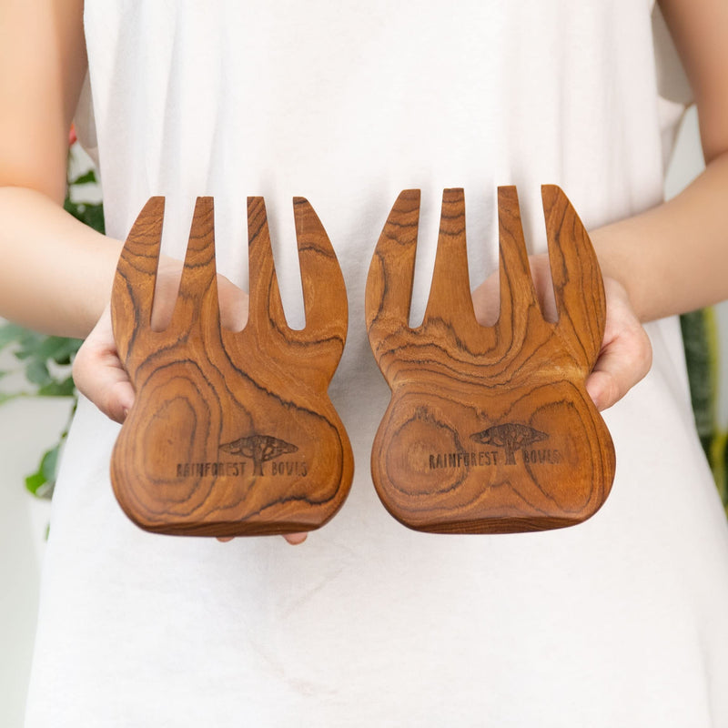 Rainforest Bowls Javanese Teak Wood Salad Serving Hands - Perfect for Mixing, Tossing & Serving Salad - Ultra-Durable- Premium Wooden Design Handcrafted by Indonesian Artisans 1