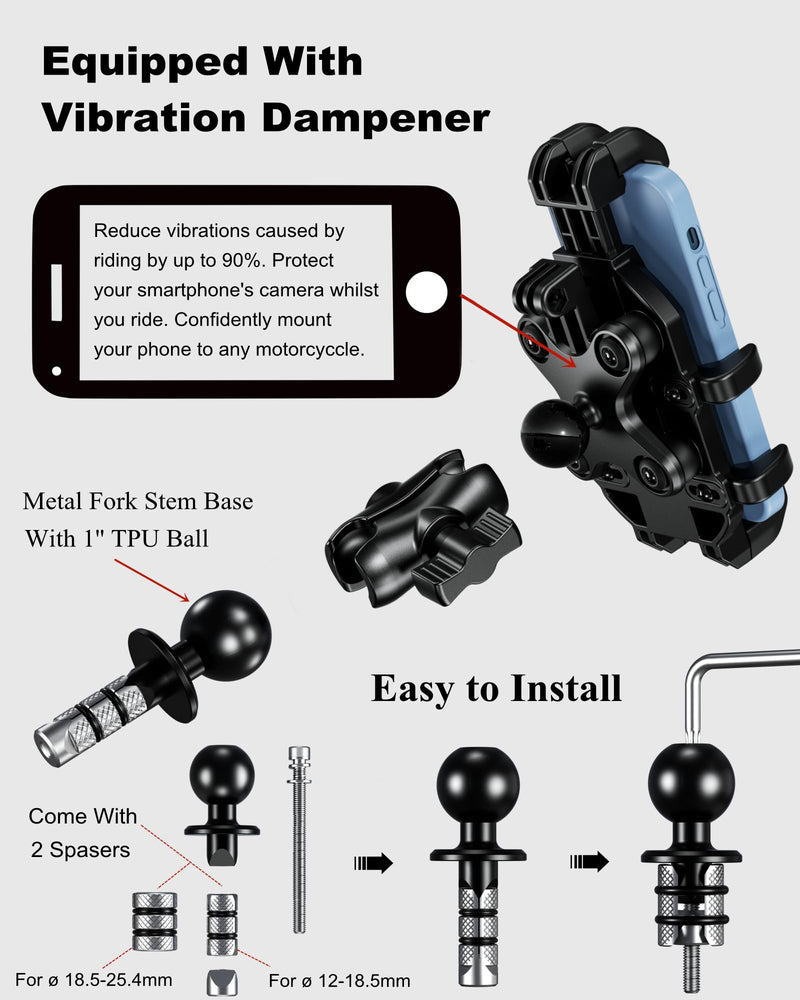 BRCOVAN Motorcycle Fork Stem Phone Mount with Vibration Dampener, Adjustable Heavy Duty Motorcycle Cellphone Holder Fit Stem Tubes 12mm-25.4mm in Diameter, Compatible with 5.4''-7.2'' Smartphones